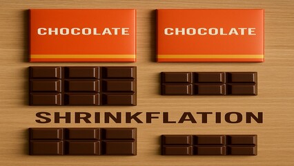 Visual metaphor of shrinkflation depicted by chocolate bars decreasing in size, illustrating rising costs for smaller packaging.