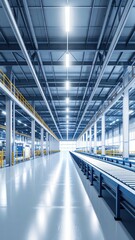 Bright Warehouse Interior with Conveyor Belts and Steel Beams