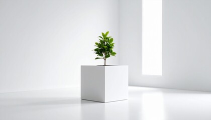 Minimalist Green Plant in White Cube Pot Modern Interior Design.