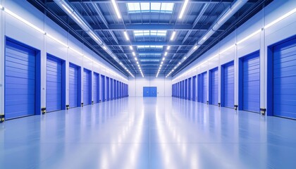 Fototapeta premium Vast Empty Warehouse with Blue Doors and Glass Ceiling Lighting