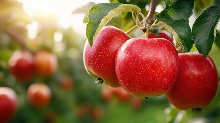 Obraz premium A close-up of vibrant red apples hanging on a tree branch in a lush orchard, showcasing the beauty of nature and the bounty of harvest in a serene outdoor setting.