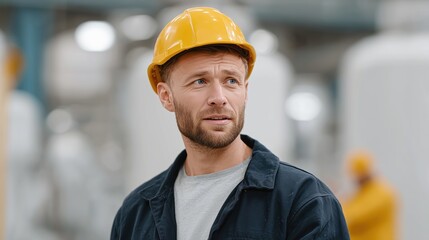 An experienced industrial worker stands in an industrial environment, radiating focus and dedication. The image embodies a professional's expertise, commitment, and their surroundings.
