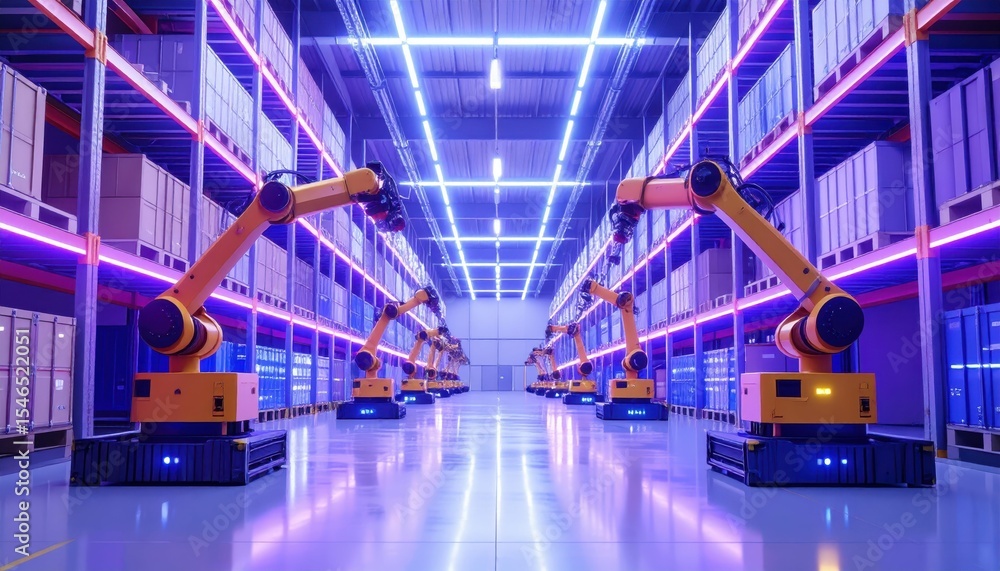 Poster advanced warehouse robots in high-tech shipping environment