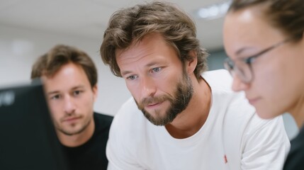 Obraz premium Three colleagues engaged in focused teamwork, with an emphasis on collaboration, concentrating on a monitor's display to achieve their objectives
