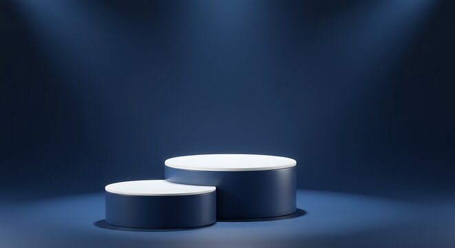 Two Tiered Product Display Platform with Blue Background and Spotlights