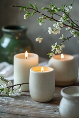 Three lit candles in ceramic holders, delicate spring blossoms, and a serene atmosphere.