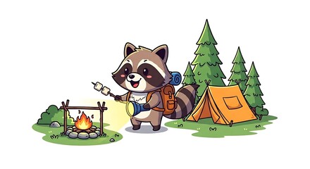 Cartoon raccoon camper with lantern, backpack and marshmallow stick, happy and adventurous. On white background.