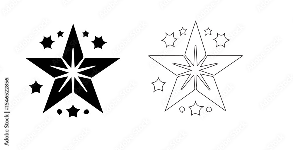 Fototapete a symmetrical star icon with smaller stars surrounding it in both a solid and outline version design