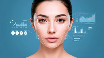 Woman's face with digital analysis overlay, showcasing advanced technology in facial recognition - Powered by Adobe