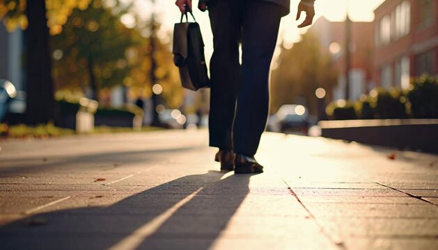 Close-up of man in strict classic suit walking along sidewalk. Respectable-looking teacher in classic suit heads to class. A classic suit and a decisive step emphasize purposefulness.