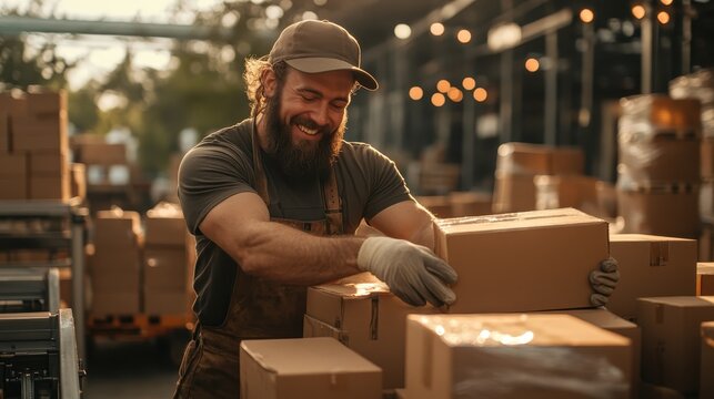 A happy male worker in a warehouse fills boxes with products, showcasing teamwork and productivity in a vibrant and bustling environment filled with natural light.