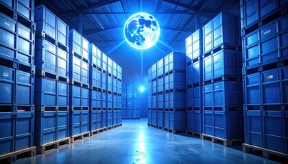 Illuminated Warehouse with Blue Crates and Mysterious Moonlight
