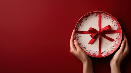 A beautifully wrapped gift box with a red ribbon sits in the center of a deep red background, symbolizing celebration, festivity, and the joy of giving during special occasions.