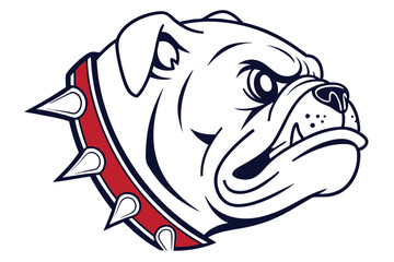 Intense white bulldog illustration shows a red studded collar in a artwork