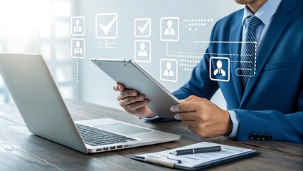 Businessman plans strategy and manages tasks with a digital tablet and checklist