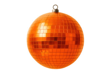 Fototapeta premium Glittering orange disco ball suspended, casting vibrant reflections against transparent surface, highlighting festive mood