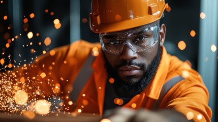 A determined worker in safety gear, focused on his task in an industrial setting, embodying professionalism and dedication to his craft amidst a dynamic environment.