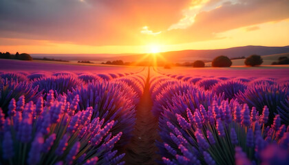 Golden Sunrise over Lavender Fields in Provence
