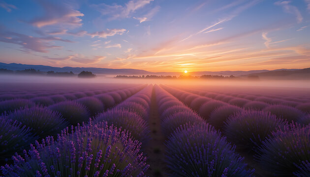 Golden Sunrise over Lavender Fields in Provence