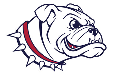 Fierce white bulldog with a studded red collar showcases its aggressive and determined expression