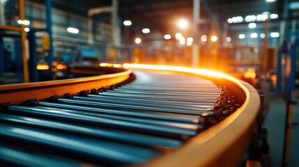 An industrial conveyor belt illuminated by warm lights in a factory setting, symbolizing efficiency, productivity, and the essence of modern manufacturing processes.