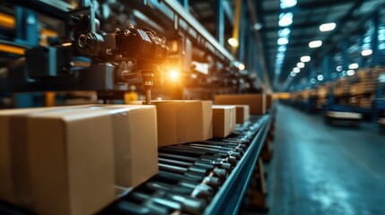 A dynamic view of an automated conveyor belt system in a warehouse, showcasing the efficient packaging process designed for speed and productivity in logistics operations.