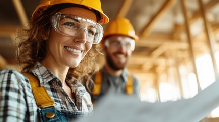 Two construction workers wearing safety gear smile together on site, demonstrating teamwork and collaboration while reviewing plans for a new building project under construction.