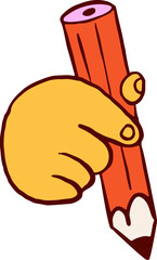 Cartoon hand holding red pencil. Back to school doodles series.