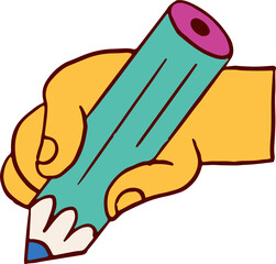 Cartoon hand holding big pencil. Back to school doodles series.
