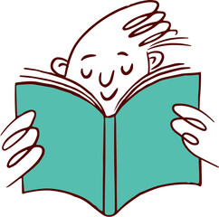 Cartoon character reading green book. Back to school doodles series.