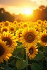 Obraz premium A field of sunflowers basking in the golden sunlight, their faces turned towards the radiant sun Vibrant yellow petals and dark centers create a stunning natural scene of summer joy , light, sky