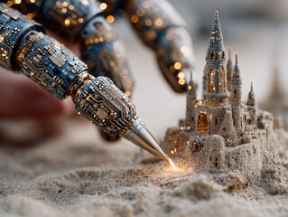 Close-up of an artificial intelligence robot writing with its finger in the sand, drawing a miniature ornate medieval castle in detail, with gold and silver electric circuits.