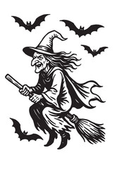 Haloween Witch drawing black and white