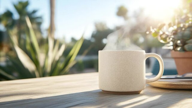 Warm beverage in mug on wooden table outdoors sunlight plants
