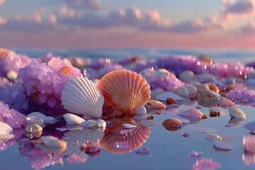 Colorful seashells and purple crystals on the beach, reflection in water, pink sky, pastel colors, morning light, pink clouds in the background