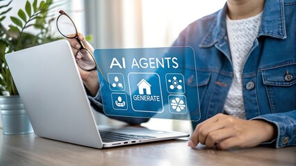 Person holds glasses while looking at a laptop displaying ai agents on the screen