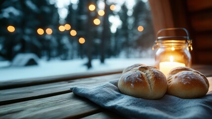 An inviting winter scene featuring a warm table setup with freshly baked bread rolls and a gentle candle glow, evoking feelings of comfort, warmth, and togetherness.