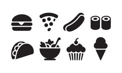 Eight Black Food Icons Set Burger Pizza Hotdog Sushi Taco Salad Cupcake Ice Cream vector