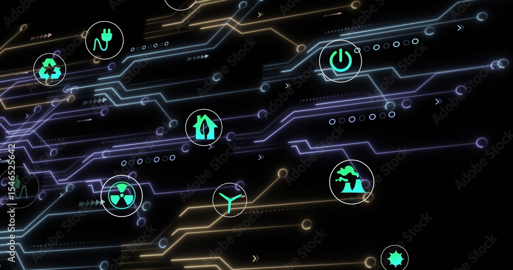 Poster displaying neon circuit network pulsing on screen, with circular green icons, dots and arrowheads