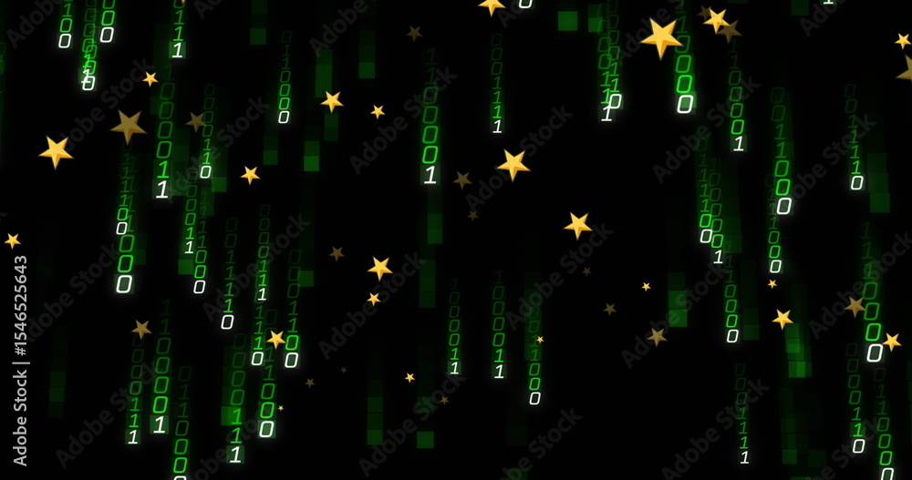 Poster cascading green binary code streams spanning frame in digital environment, with golden star shapes
