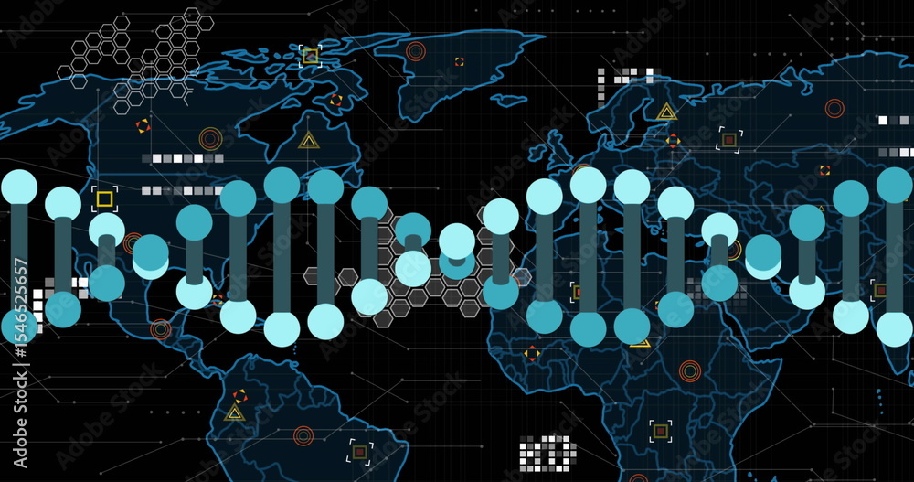 Poster displaying stylized dna helix rotating on interface, with world map outlines and circuit lines