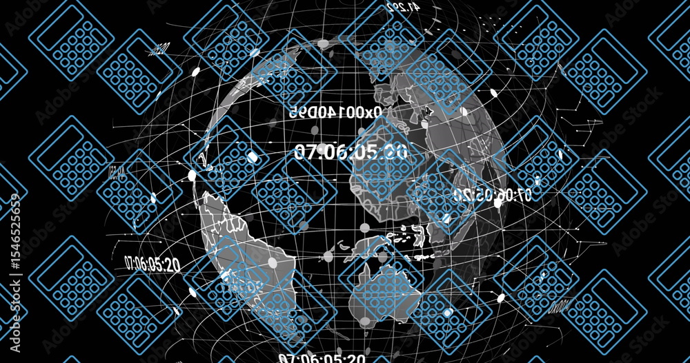 Poster displaying wireframe globe on black backdrop, with blue calculator icons and white data codes