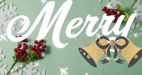 Displaying white cursive Menu text floating on mint canvas with snowflakes red berries golden bells