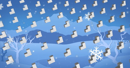 Showing wintry wallpaper featuring diagonal folder icons over snowy hills, bare trees, snowflakes
