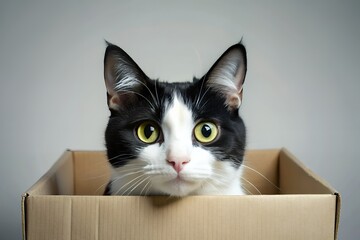 Curious Tuxedo Cat Peeking from Cardboard Box