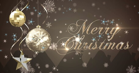 Displaying Merry Christmas text over dark backdrop, with gold sphere, glass bauble and ribbons