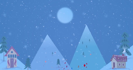 Towering blue peaks rising in snowy valley, with two houses, evergreens, falling snow, full moon