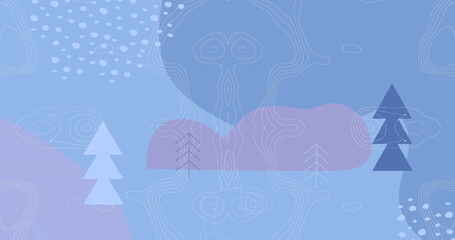 Obraz premium Featuring pale and dark pine trees over light blue field, with white contours and lavender shapes