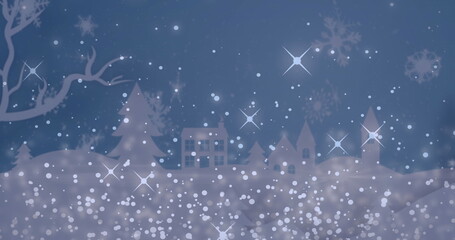 Gleaming house shining over pine trees in hamlet at night, with falling snowflakes and star sparks