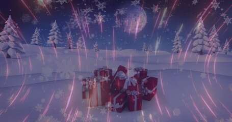 Displaying red gift boxes on snow under moonlight by pine trees with falling snowflakes, copy space